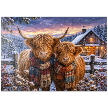 Darstellung des Puzzle Motivs puzzleplate Highland Cows Winter Scarves 1000 Puzzle