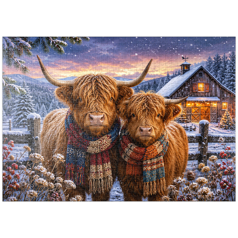 Darstellung des Puzzle Motivs Schottische Hochlandrinder (Highland cattle) im Winterschal puzzleplate Highland Cows Winter Scarves 1000 Puzzle