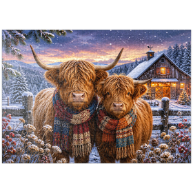 Darstellung des Puzzle Motivs Schottische Hochlandrinder (Highland cattle) im Winterschal - Puzzleteile: 1000