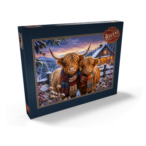 Darstellung des Puzzle Motivs Schottische Hochlandrinder (Highland cattle) im Winterschal Highland Cows Winter Scarves 100 Puzzle Schachtel Ansicht2