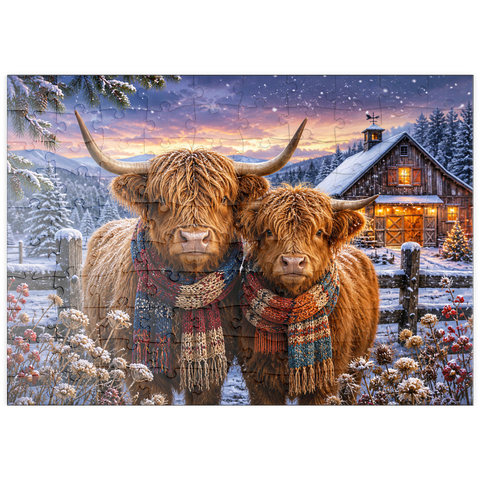 Darstellung des Puzzle Motivs Schottische Hochlandrinder (Highland cattle) im Winterschal puzzleplate Highland Cows Winter Scarves 100 Puzzle