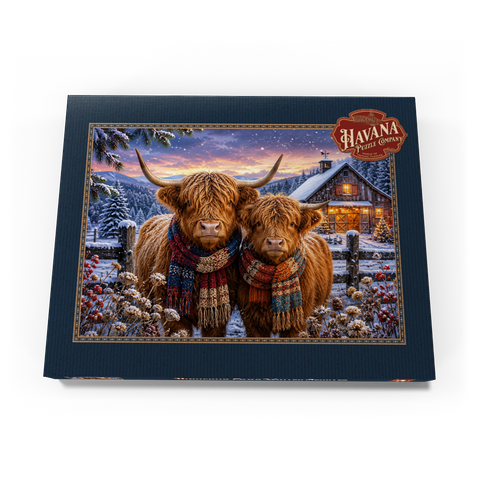 Darstellung des Puzzle Motivs Schottische Hochlandrinder (Highland cattle) im Winterschal Highland Cows Winter Scarves 200 Puzzle Schachtel Ansicht3