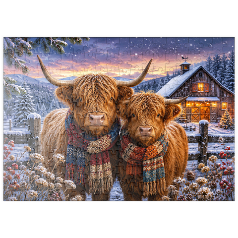 Darstellung des Puzzle Motivs Schottische Hochlandrinder (Highland cattle) im Winterschal puzzleplate Highland Cows Winter Scarves 200 Puzzle