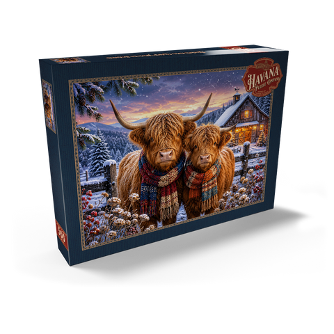 Darstellung des Puzzle Motivs Schottische Hochlandrinder (Highland cattle) im Winterschal Highland Cows Winter Scarves 500 Puzzle Schachtel Ansicht2