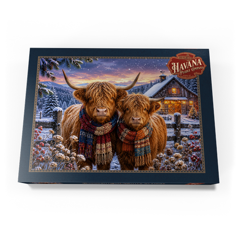 Darstellung des Puzzle Motivs Schottische Hochlandrinder (Highland cattle) im Winterschal Highland Cows Winter Scarves 500 Puzzle Schachtel Ansicht3
