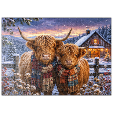 Darstellung des Puzzle Motivs puzzleplate Highland Cows Winter Scarves 500 Puzzle