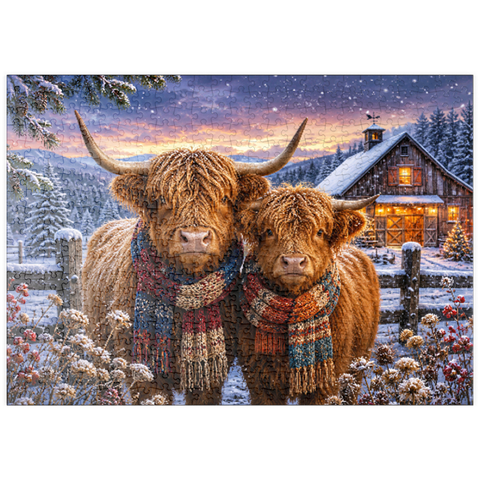 Darstellung des Puzzle Motivs Schottische Hochlandrinder (Highland cattle) im Winterschal puzzleplate Highland Cows Winter Scarves 500 Puzzle