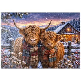 Darstellung des Puzzle Motivs Schottische Hochlandrinder (Highland cattle) im Winterschal - Puzzleteile: 500
