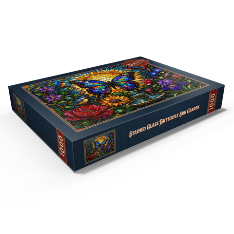Darstellung des Puzzle Motivs Glasmalerei-Schmetterling im Sonnengarten Stained Glass Butterfly Sun Garden 1000 Puzzle Schachtel Ansicht1