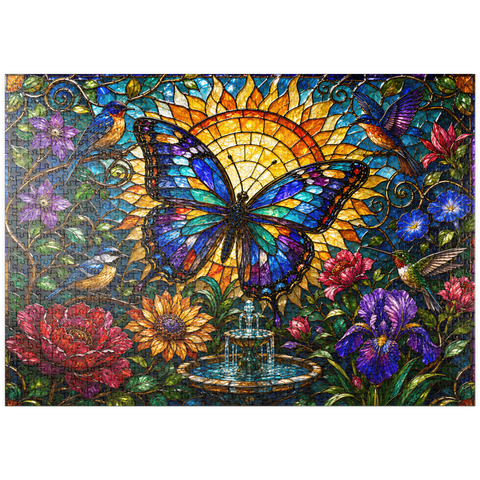 Darstellung des Puzzle Motivs Glasmalerei-Schmetterling im Sonnengarten puzzleplate Stained Glass Butterfly Sun Garden 1000 Puzzle