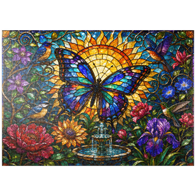 Darstellung des Puzzle Motivs Glasmalerei-Schmetterling im Sonnengarten - Puzzleteile: 1000
