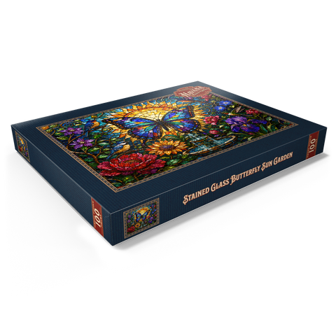 Darstellung des Puzzle Motivs Glasmalerei-Schmetterling im Sonnengarten Stained Glass Butterfly Sun Garden 100 Puzzle Schachtel Ansicht1