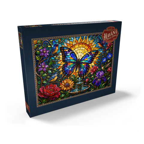 Darstellung des Puzzle Motivs Glasmalerei-Schmetterling im Sonnengarten Stained Glass Butterfly Sun Garden 100 Puzzle Schachtel Ansicht2