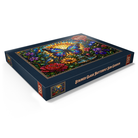 Darstellung des Puzzle Motivs Glasmalerei-Schmetterling im Sonnengarten Stained Glass Butterfly Sun Garden 200 Puzzle Schachtel Ansicht1
