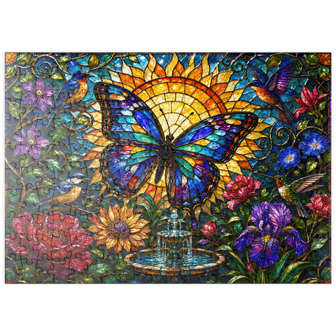 Darstellung des Puzzle Motivs Glasmalerei-Schmetterling im Sonnengarten puzzleplate Stained Glass Butterfly Sun Garden 200 Puzzle