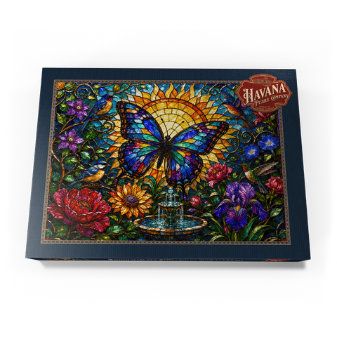 Darstellung des Puzzle Motivs Glasmalerei-Schmetterling im Sonnengarten Stained Glass Butterfly Sun Garden 500 Puzzle Schachtel Ansicht3
