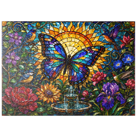 Darstellung des Puzzle Motivs Glasmalerei-Schmetterling im Sonnengarten puzzleplate Stained Glass Butterfly Sun Garden 500 Puzzle