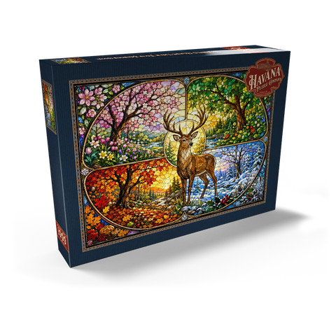 Darstellung des Puzzle Motivs Glasmalerei: Hirsch im Wald der vier Jahreszeiten Stained Glass Deer Four Seasons Grove 1000 Puzzle Schachtel Ansicht2