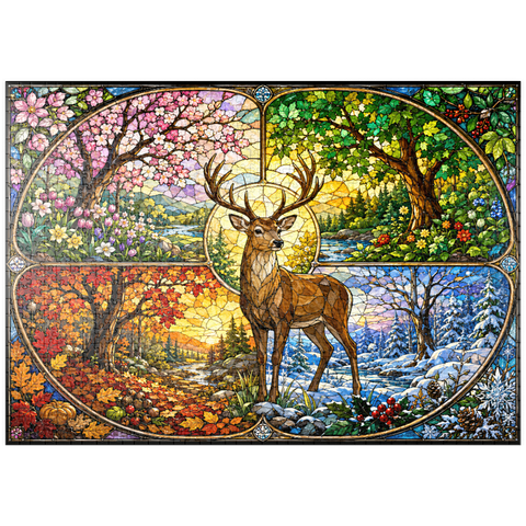 Darstellung des Puzzle Motivs Glasmalerei: Hirsch im Wald der vier Jahreszeiten puzzleplate Stained Glass Deer Four Seasons Grove 1000 Puzzle
