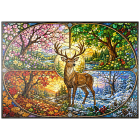 Darstellung des Puzzle Motivs Glasmalerei: Hirsch im Wald der vier Jahreszeiten - Puzzleteile: 1000