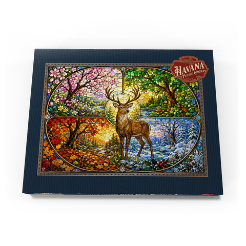 Darstellung des Puzzle Motivs Glasmalerei: Hirsch im Wald der vier Jahreszeiten Stained Glass Deer Four Seasons Grove 100 Puzzle Schachtel Ansicht3