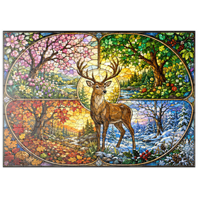 Darstellung des Puzzle Motivs Glasmalerei: Hirsch im Wald der vier Jahreszeiten - Puzzleteile: 100