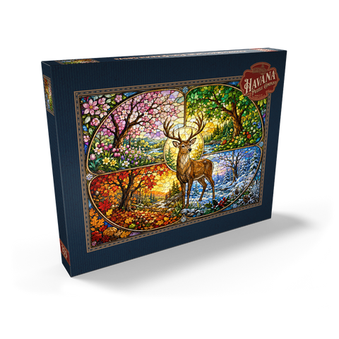Darstellung des Puzzle Motivs Glasmalerei: Hirsch im Wald der vier Jahreszeiten Stained Glass Deer Four Seasons Grove 200 Puzzle Schachtel Ansicht2
