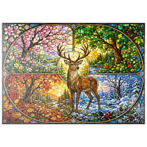 Darstellung des Puzzle Motivs Glasmalerei: Hirsch im Wald der vier Jahreszeiten puzzleplate Stained Glass Deer Four Seasons Grove 200 Puzzle