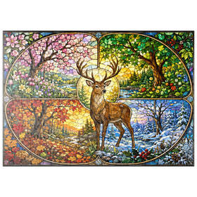 Darstellung des Puzzle Motivs Glasmalerei: Hirsch im Wald der vier Jahreszeiten - Puzzleteile: 200