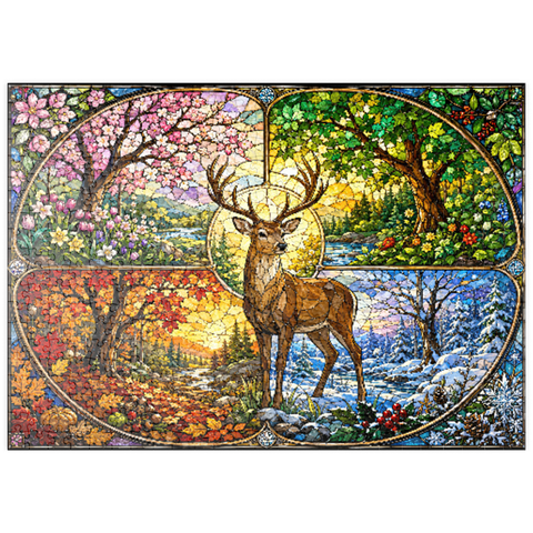 Darstellung des Puzzle Motivs Glasmalerei: Hirsch im Wald der vier Jahreszeiten puzzleplate Stained Glass Deer Four Seasons Grove 500 Puzzle