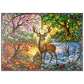Darstellung des Puzzle Motivs Glasmalerei: Hirsch im Wald der vier Jahreszeiten - Puzzleteile: 500