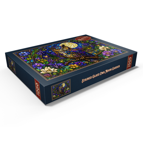 Darstellung des Puzzle Motivs Garten mit Eule und Mond aus Buntglas Stained Glass Owl Moon Garden 1000 Puzzle Schachtel Ansicht1