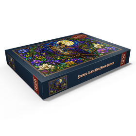 Darstellung des Puzzle Motivs Garten mit Eule und Mond aus Buntglas - Puzzleteile: 1000
