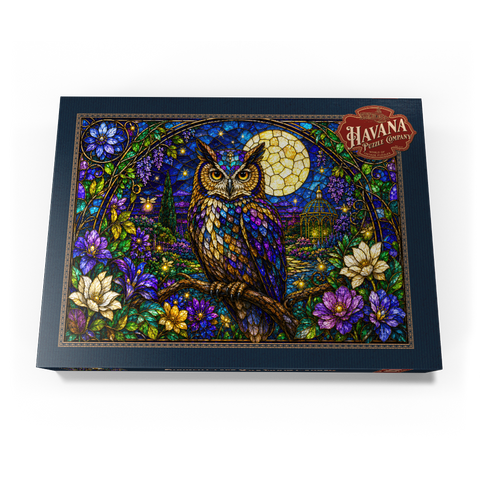Darstellung des Puzzle Motivs Garten mit Eule und Mond aus Buntglas Stained Glass Owl Moon Garden 1000 Puzzle Schachtel Ansicht3