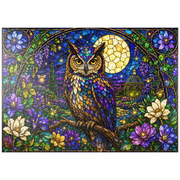 Darstellung des Puzzle Motivs puzzleplate Stained Glass Owl Moon Garden 1000 Puzzle