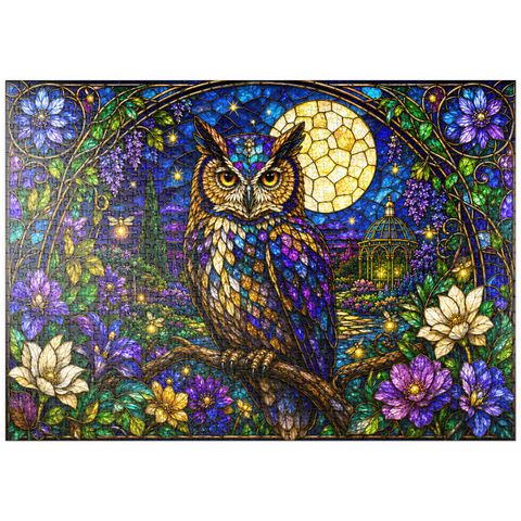 Darstellung des Puzzle Motivs Garten mit Eule und Mond aus Buntglas puzzleplate Stained Glass Owl Moon Garden 1000 Puzzle