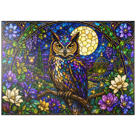 Darstellung des Puzzle Motivs Garten mit Eule und Mond aus Buntglas - Puzzleteile: 1000