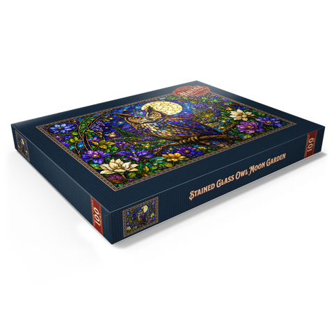 Darstellung des Puzzle Motivs Garten mit Eule und Mond aus Buntglas Stained Glass Owl Moon Garden 100 Puzzle Schachtel Ansicht1