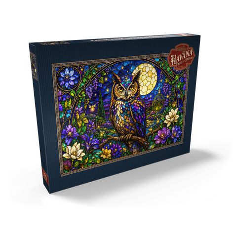 Darstellung des Puzzle Motivs Garten mit Eule und Mond aus Buntglas Stained Glass Owl Moon Garden 100 Puzzle Schachtel Ansicht2