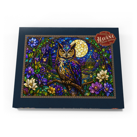 Darstellung des Puzzle Motivs Garten mit Eule und Mond aus Buntglas Stained Glass Owl Moon Garden 100 Puzzle Schachtel Ansicht3