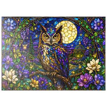 Darstellung des Puzzle Motivs puzzleplate Stained Glass Owl Moon Garden 100 Puzzle