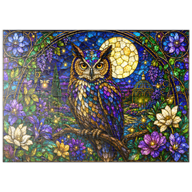 Darstellung des Puzzle Motivs Garten mit Eule und Mond aus Buntglas - Puzzleteile: 100