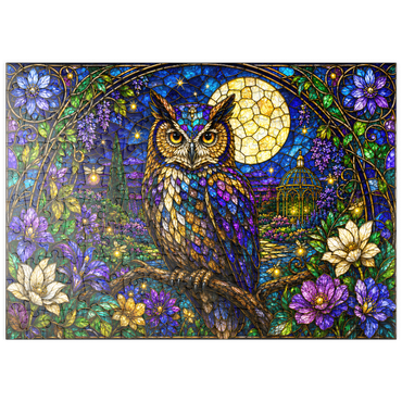 Darstellung des Puzzle Motivs puzzleplate Stained Glass Owl Moon Garden 200 Puzzle