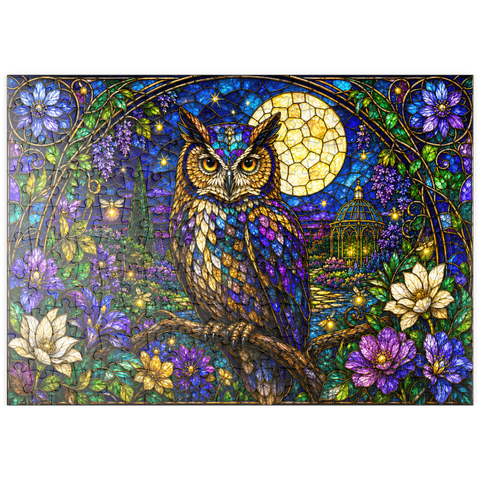 Darstellung des Puzzle Motivs Garten mit Eule und Mond aus Buntglas puzzleplate Stained Glass Owl Moon Garden 200 Puzzle