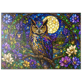 Darstellung des Puzzle Motivs Garten mit Eule und Mond aus Buntglas - Puzzleteile: 200