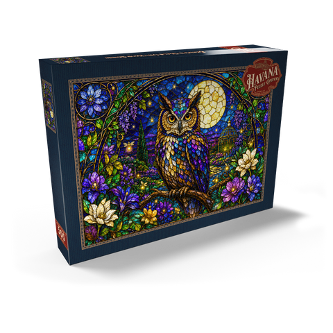 Darstellung des Puzzle Motivs Garten mit Eule und Mond aus Buntglas Stained Glass Owl Moon Garden 500 Puzzle Schachtel Ansicht2