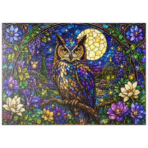 Darstellung des Puzzle Motivs Garten mit Eule und Mond aus Buntglas puzzleplate Stained Glass Owl Moon Garden 500 Puzzle