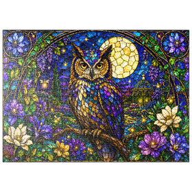 Darstellung des Puzzle Motivs Garten mit Eule und Mond aus Buntglas - Puzzleteile: 500