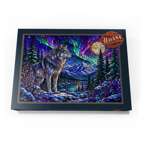 Darstellung des Puzzle Motivs Buntglas-Wolf im Aurora-Wald Stained Glass Wolf Aurora Forest 1000 Puzzle Schachtel Ansicht3