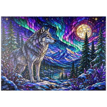 Darstellung des Puzzle Motivs puzzleplate Stained Glass Wolf Aurora Forest 1000 Puzzle